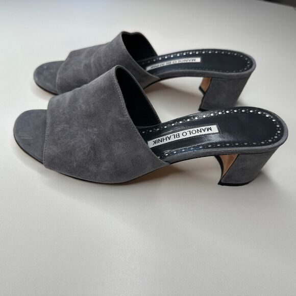 Manolo Blahnik Gray Rapallato Soft Suede Banded Block Heel Slide Sandals 37.5 - Picture 1 of 10